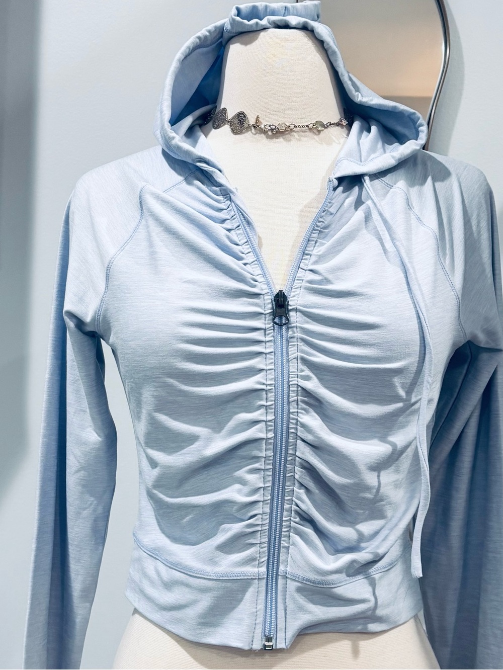 Harmony Balance Light Blue Cropped Ruched Zip-Up Hoodie